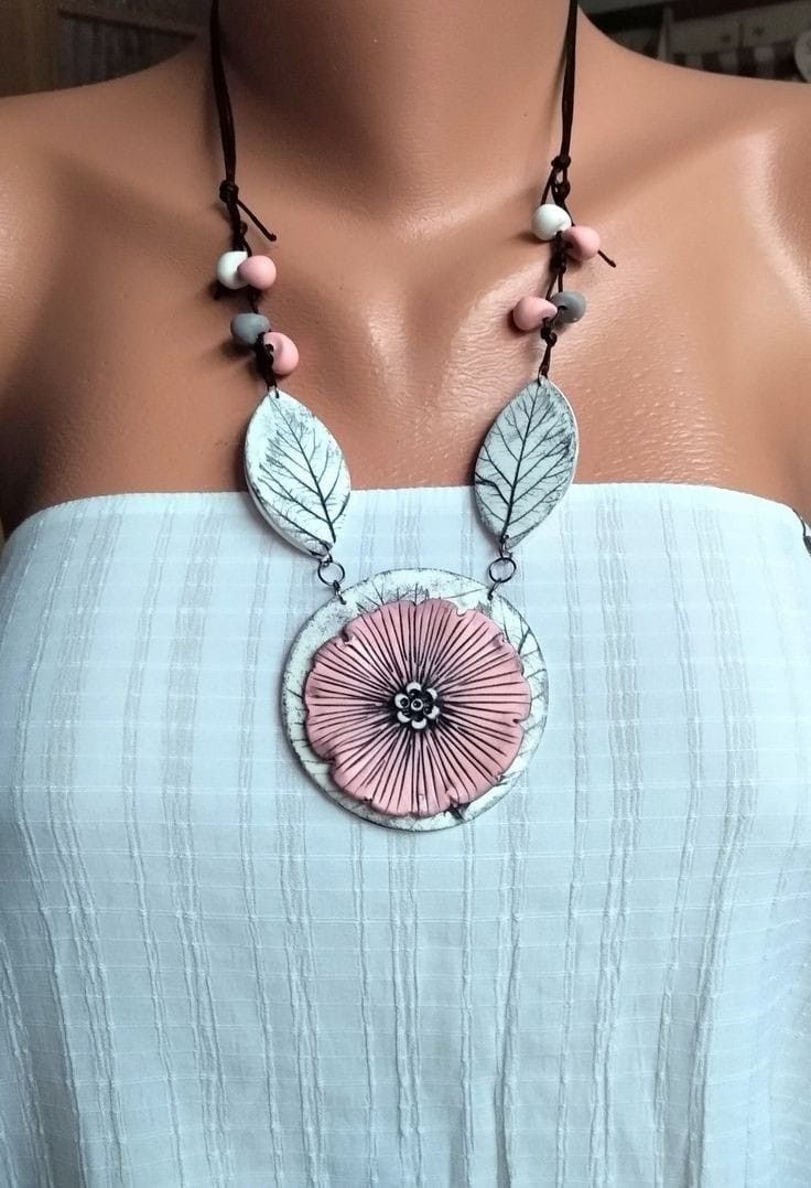 Large flower pendant terracotta necklace